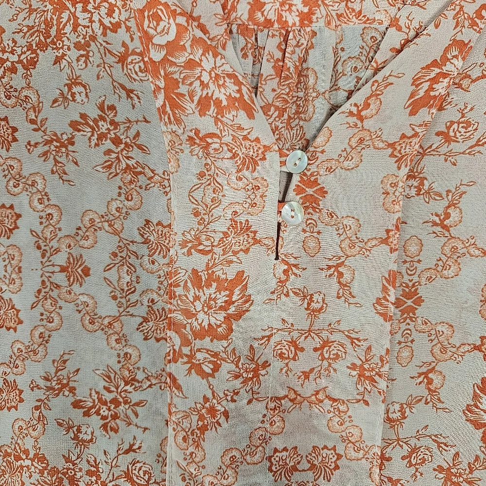 Umgee USA Large Popover Sheer Shirt Orange Floral Ruffle Sleeve Boho Cottagecore - Picture 4 of 11
